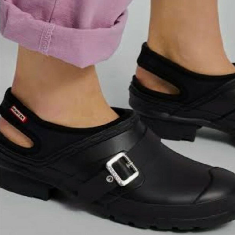 Hunter Black Slingback Mules‎ with Silver Buckle Waterproof size 7